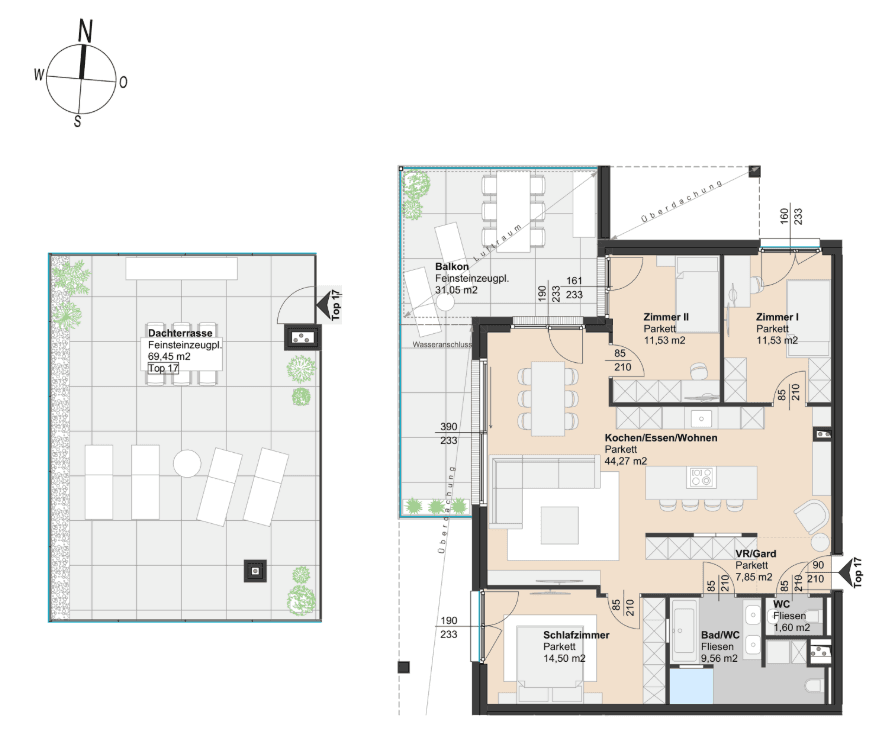 Grundriss einer Wohnung mit Dachterrasse, Balkon und offenem Wohn-Essbereich.