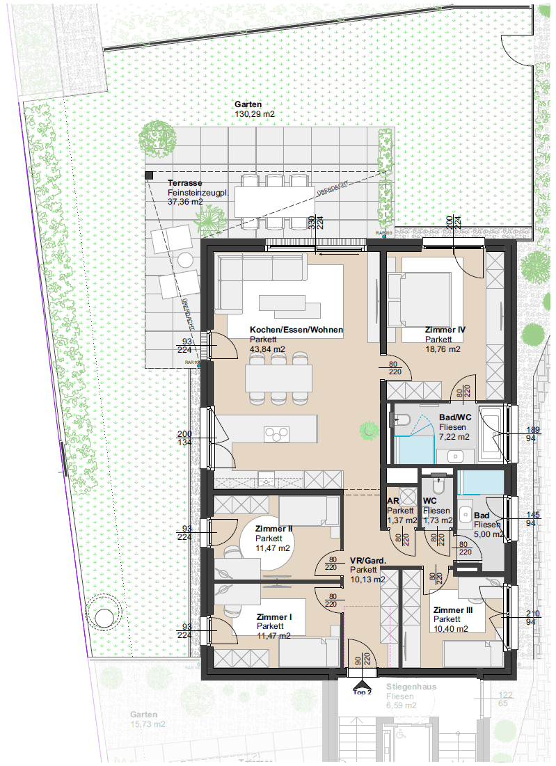 Detaillierter Grundriss einer Wohnung mit offenem Wohnbereich, mehreren Zimmern, Terrasse und Garten.