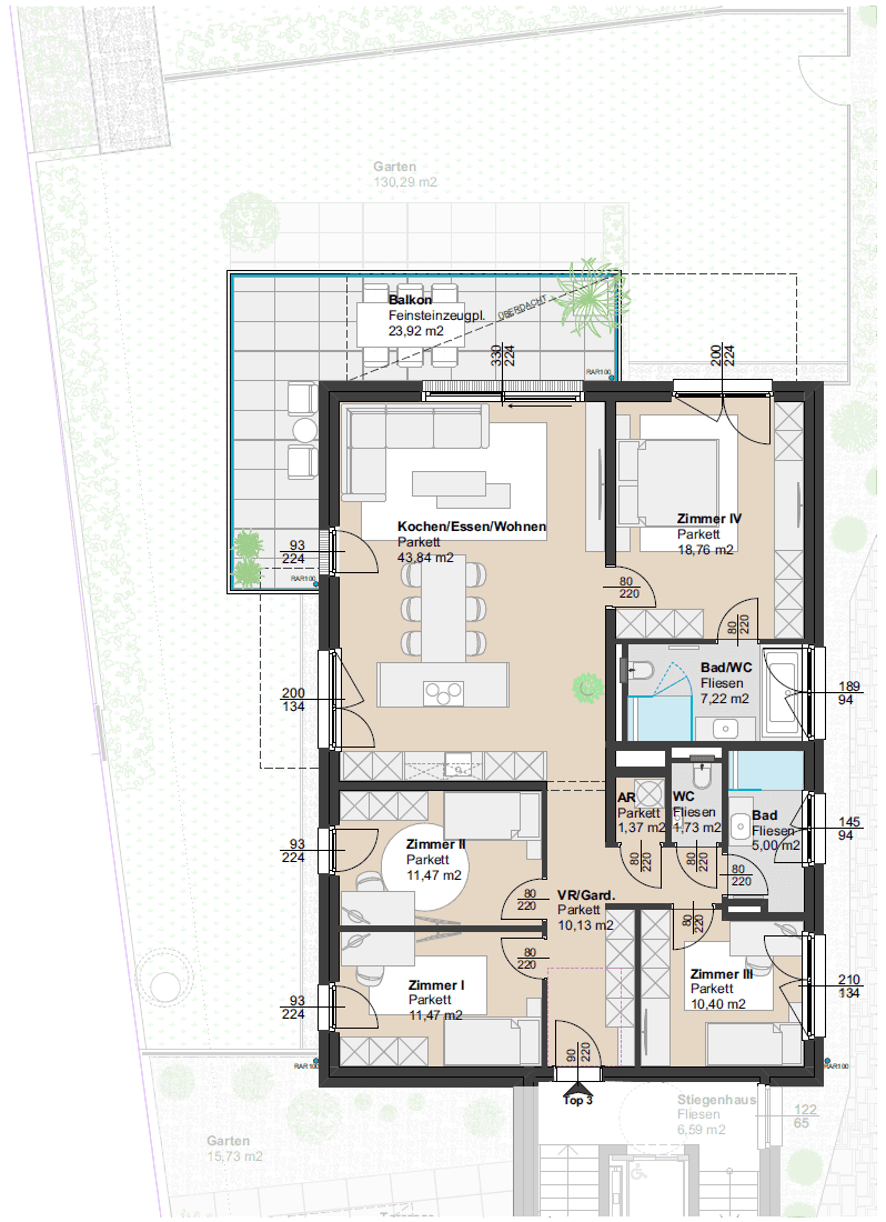 Detaillierter Grundriss einer Wohnung mit drei Schlafzimmern, offenem Wohnbereich und Balkon.