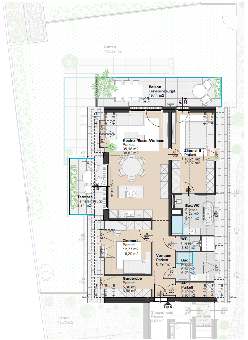 Grundriss einer Wohnung mit offenem Wohnbereich, Balkon und Terrasse.