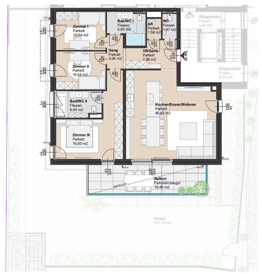 Detaillierter Grundriss einer Wohnung mit drei Zimmern, zwei Bädern und einem großzügigen Balkon.