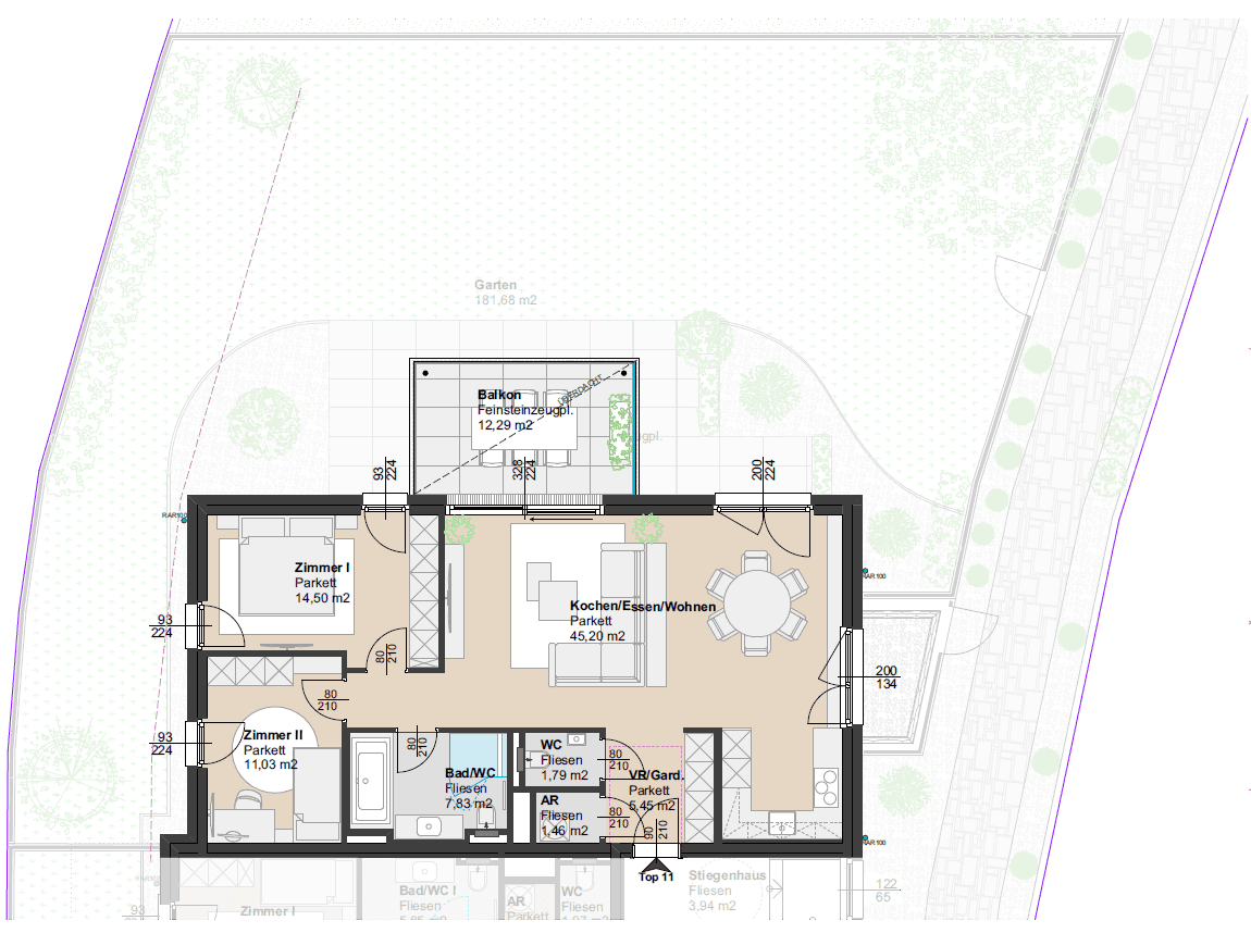 Detaillierter Grundriss einer Wohnung mit offenem Wohnbereich, Balkon und privatem Gartenanteil.