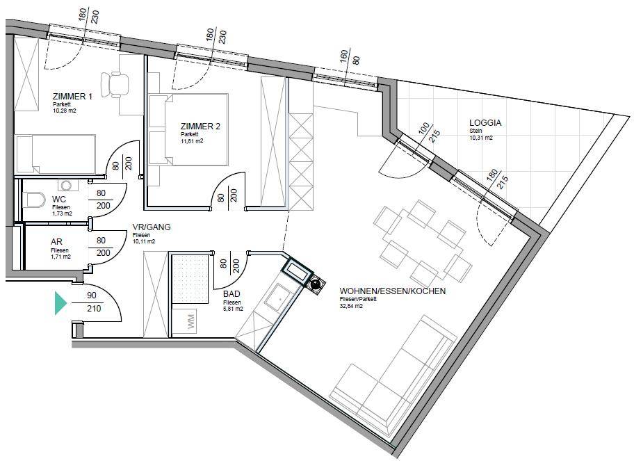 Grundriss einer Wohnung mit zwei Schlafzimmern, offenem Wohnbereich und Loggia.