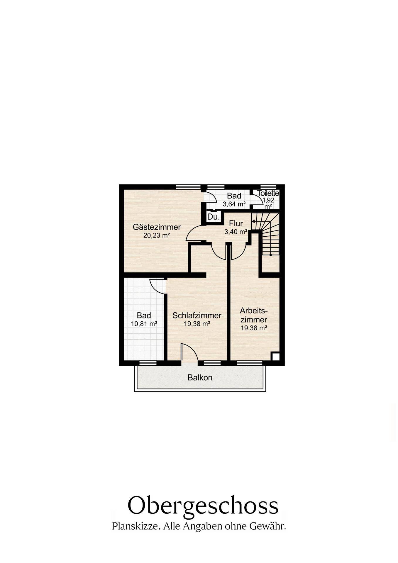 Grundriss des Obergeschosses mit Schlafzimmer, Gästezimmer, Büro, zwei Bädern und einem Balkon.
