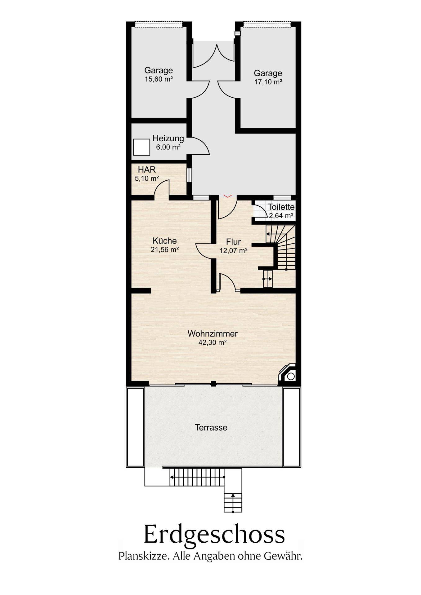 Grundriss des Erdgeschosses mit Wohnzimmer, Küche, zwei Garagen und einer Terrasse.