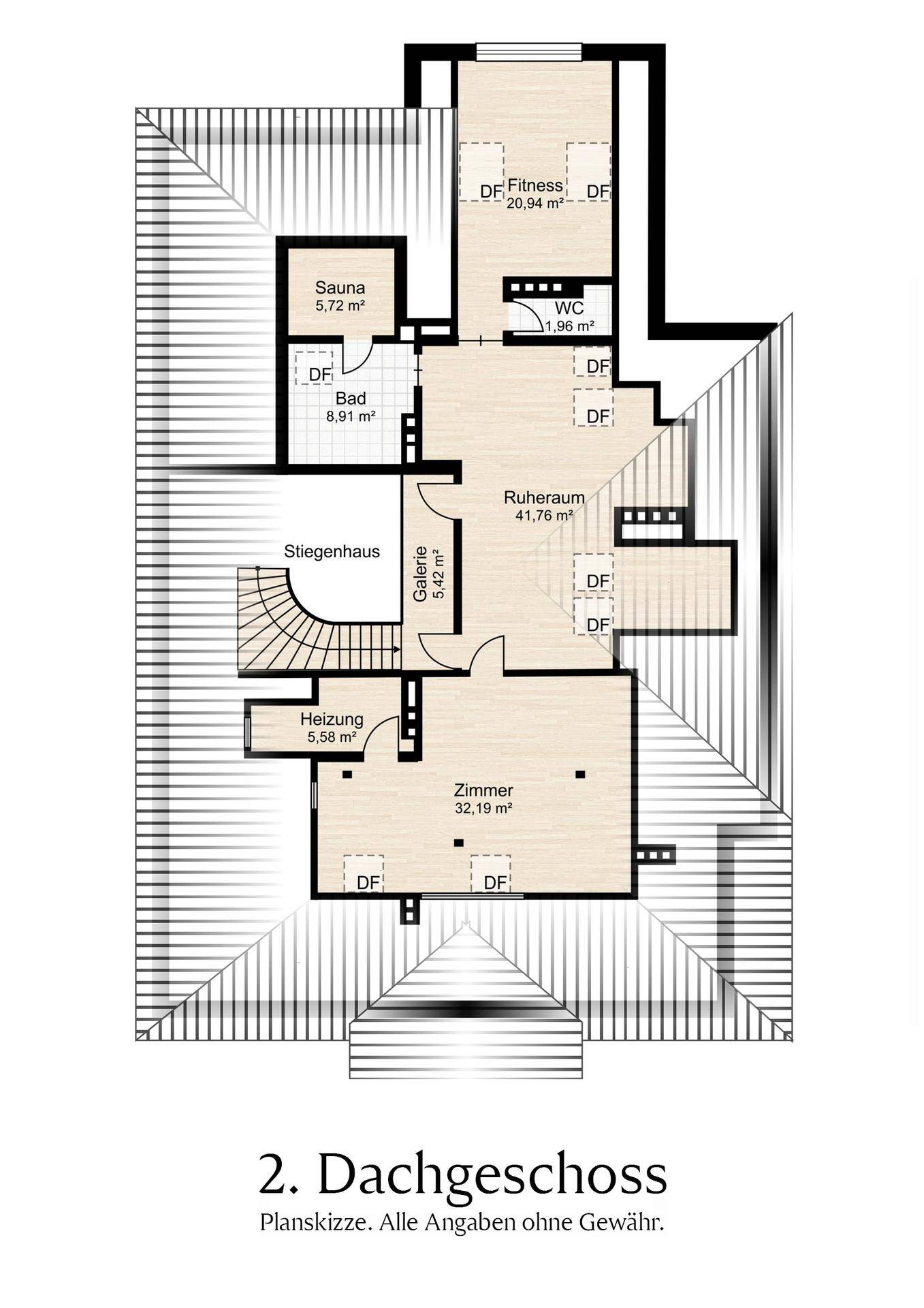 Grundriss des zweiten Dachgeschosses mit Sauna, Fitnessraum und Ruhebereich.