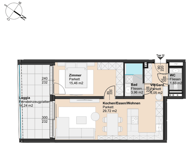 Grundriss einer Wohnung mit Loggia, Schlafzimmer, Bad und offenem Wohn-Essbereich.
