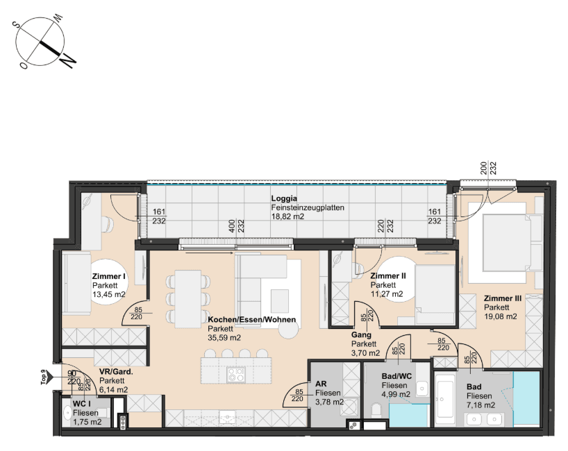 Detaillierter Grundriss einer Wohnung mit drei Zimmern, offener Küche und Loggia.