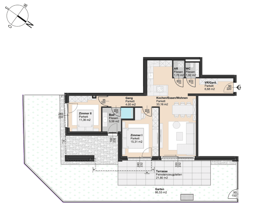 Grundriss einer Wohnung mit zwei Schlafzimmern, offenem Wohnbereich, Terrasse und Garten.