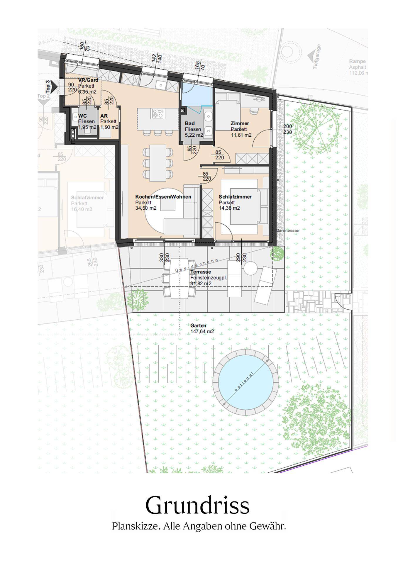 Detaillierter Grundriss einer Erdgeschosswohnung mit Garten und Terrasse.