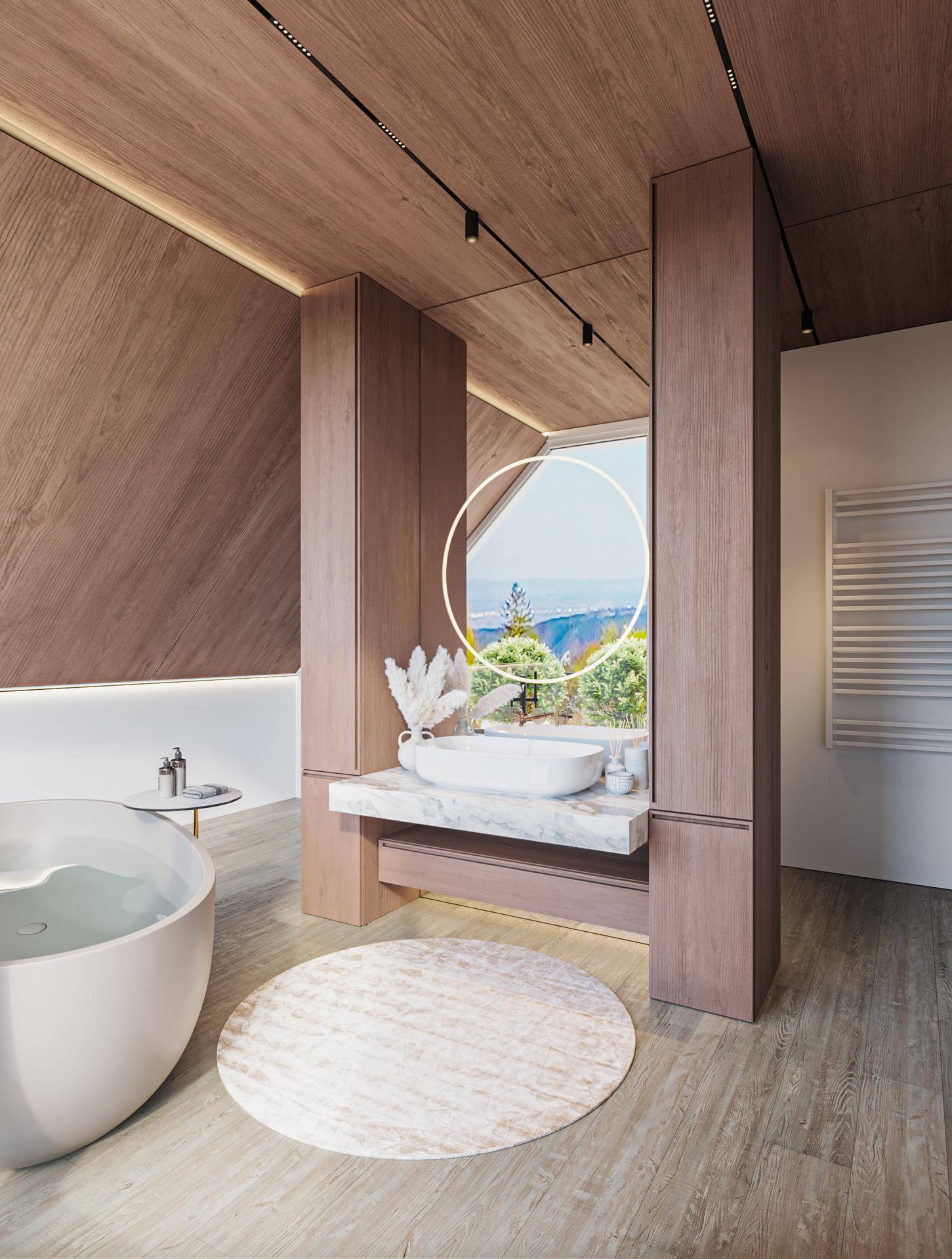 Luxuriöses Badezimmer mit freistehender Badewanne, Holzelementen und Panoramablick.