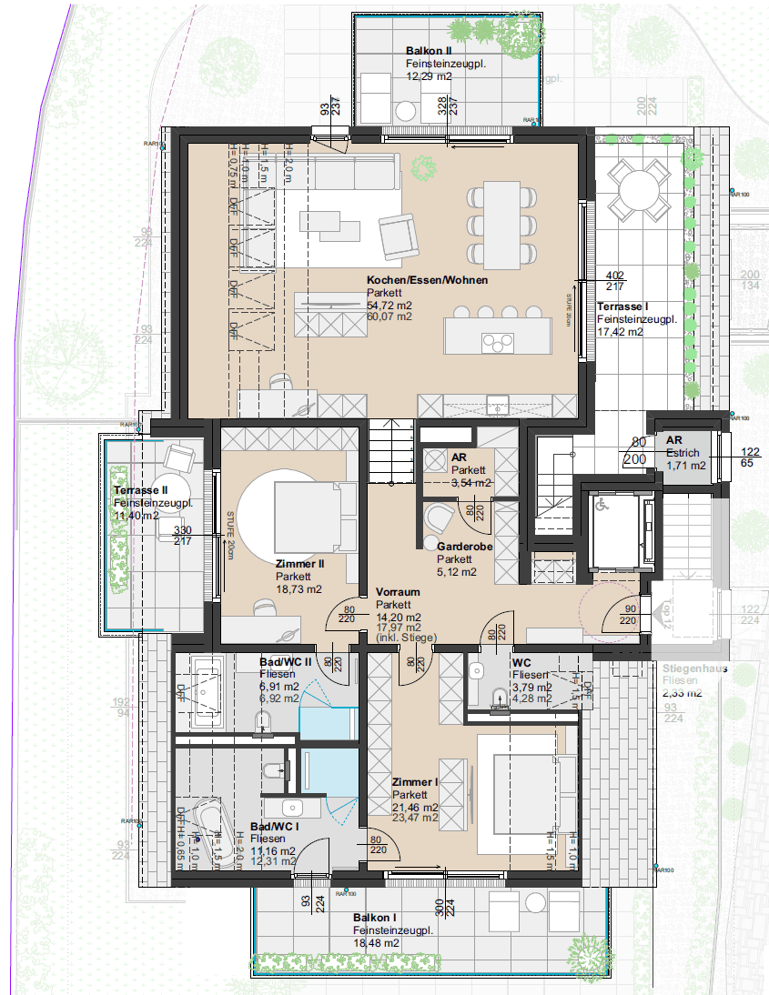 Detaillierter Grundriss einer Wohnung mit drei Zimmern, zwei Bädern und mehreren Außenbereichen.