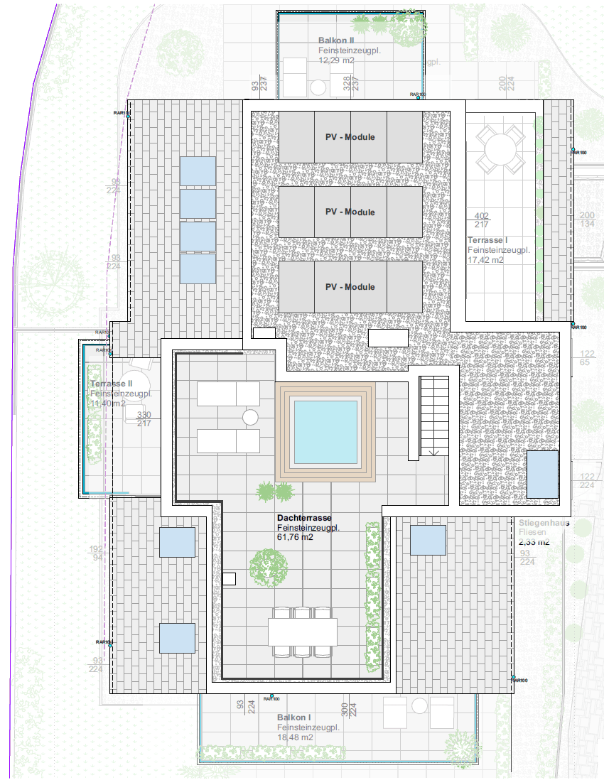 Grundriss der Dachterrasse mit Whirlpool, Essbereich und Photovoltaik-Modulen.