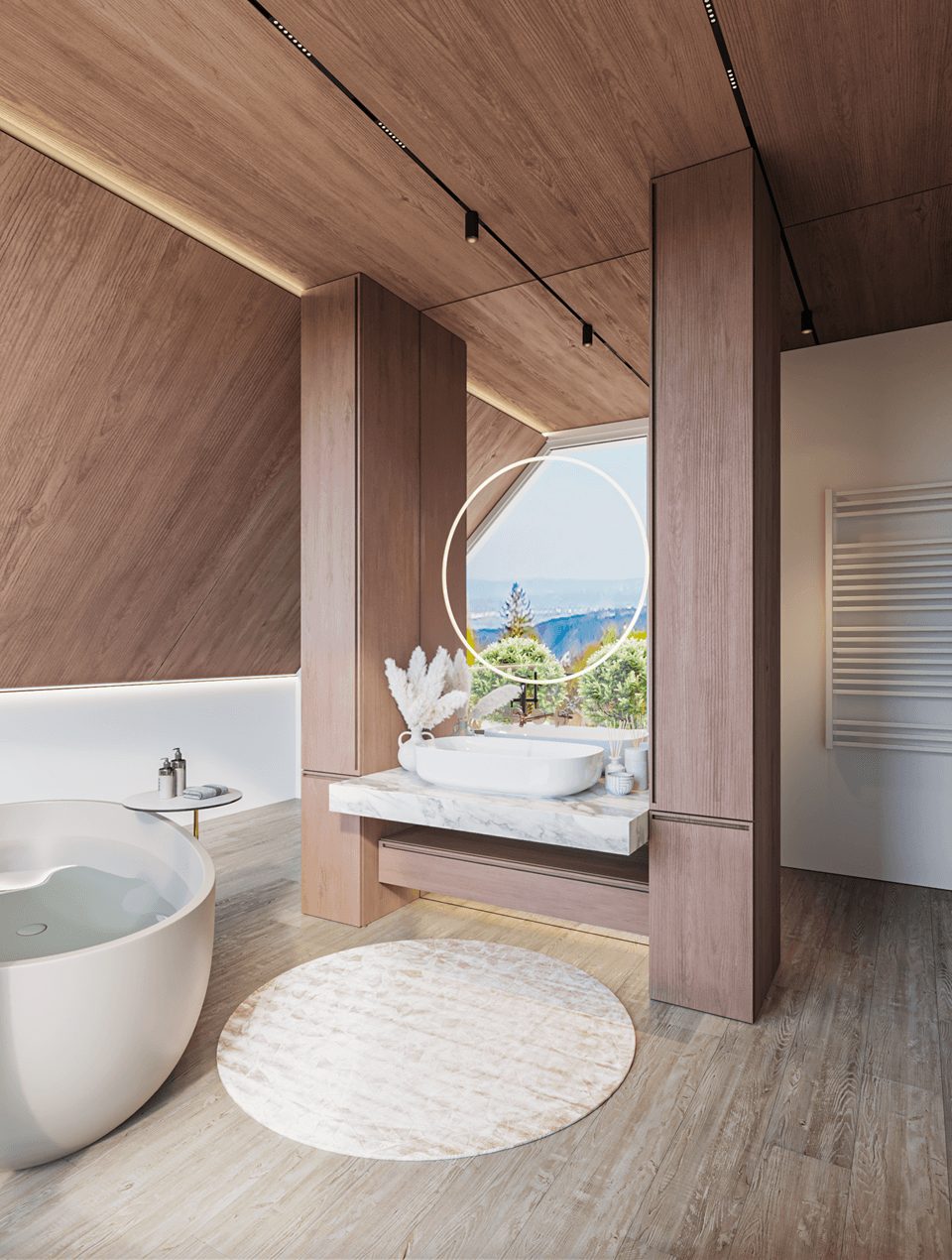 Modernes Badezimmer mit freistehender Badewanne, Holzverkleidung und Bergblick durch das Fenster.