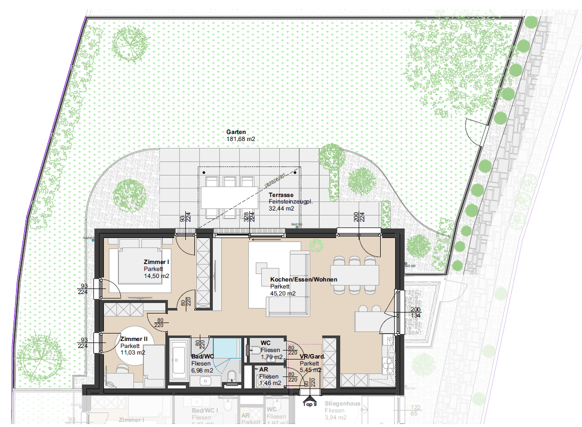 Grundriss einer Erdgeschosswohnung mit Garten, Terrasse und offenem Wohnbereich.