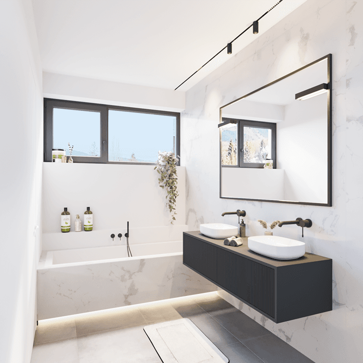 Elegantes Badezimmer mit doppelten Waschbecken, Badewanne und Marmorfliesen in modernem Design.