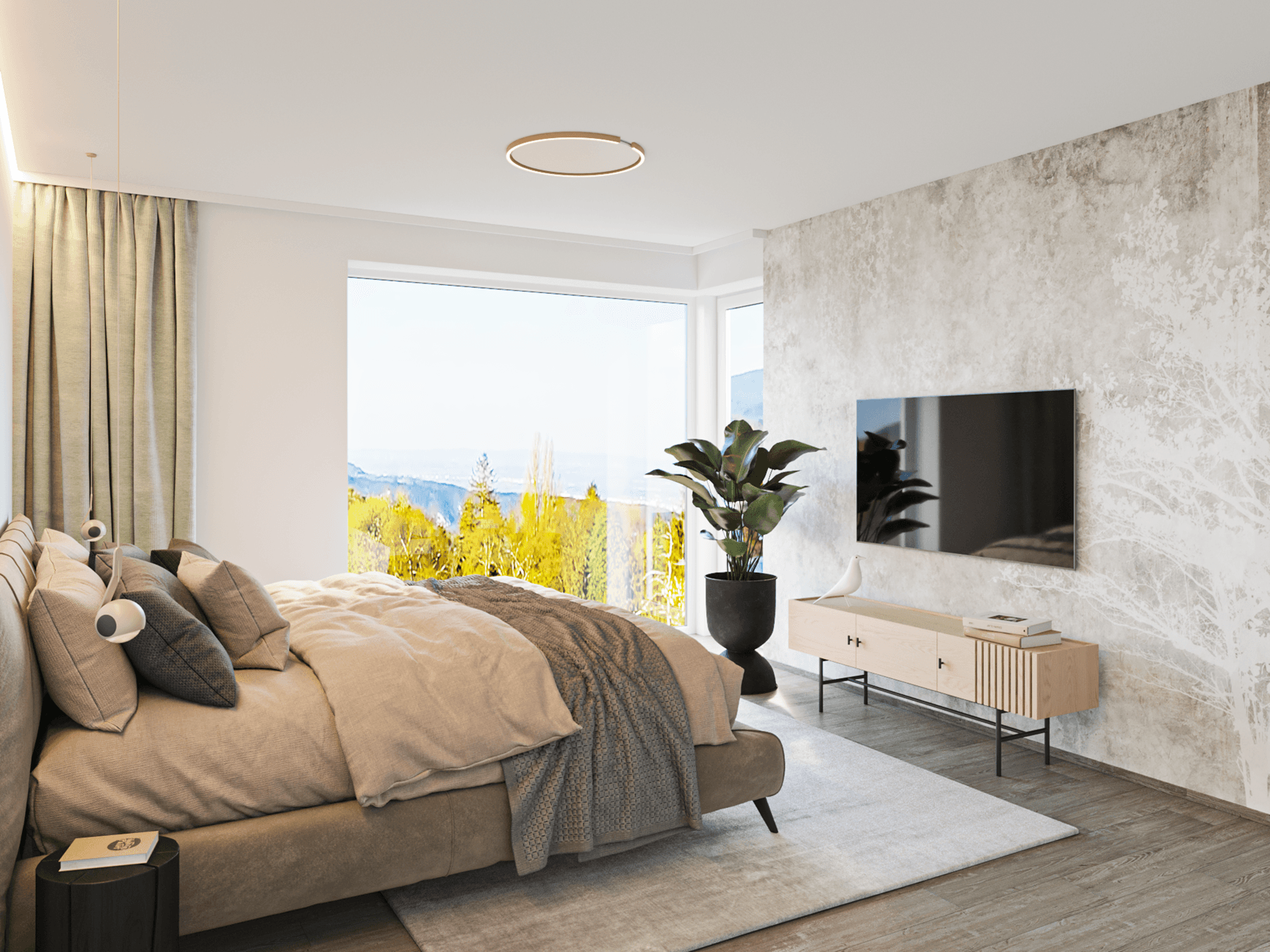 Helles Schlafzimmer mit großem Fenster, Panoramablick und moderner Einrichtung.