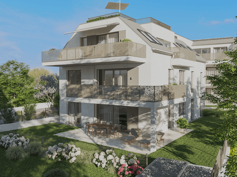 Moderne Wohnanlage mit großzügiger Terrasse, Gartenbereich und Balkonen in grüner Umgebung.