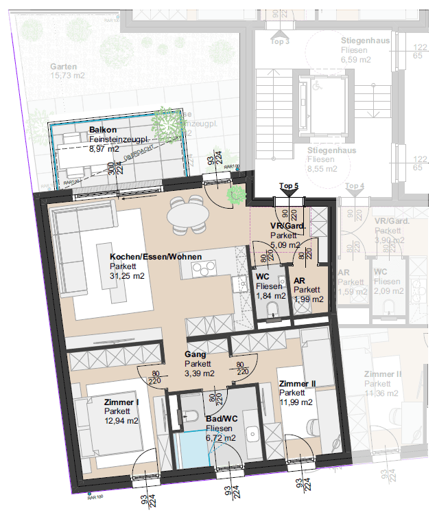 Detaillierter Grundriss einer Wohnung mit offenem Wohnbereich, zwei Zimmern und Balkon.