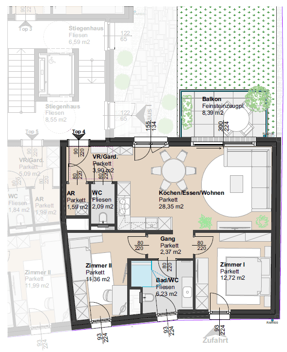 Detaillierter Grundriss einer Wohnung mit offenem Wohnbereich, zwei Zimmern und Balkon.