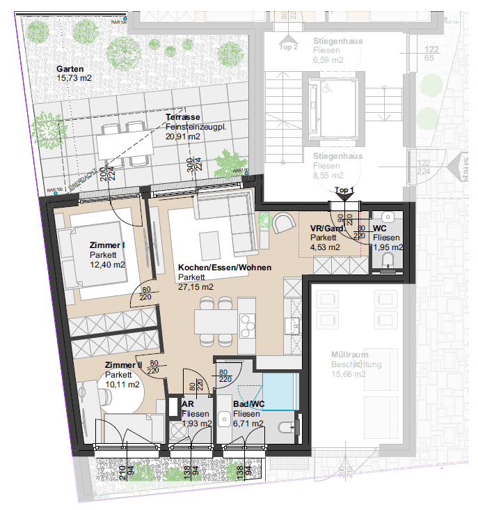 Grundriss einer Wohnung mit zwei Zimmern, offenem Wohnbereich und Terrasse.
