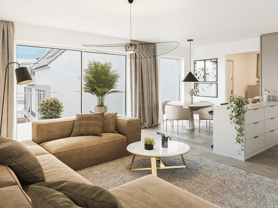 Heller offener Wohn-Essbereich mit modernem Design, Balkonzugang und stilvoller Einrichtung.