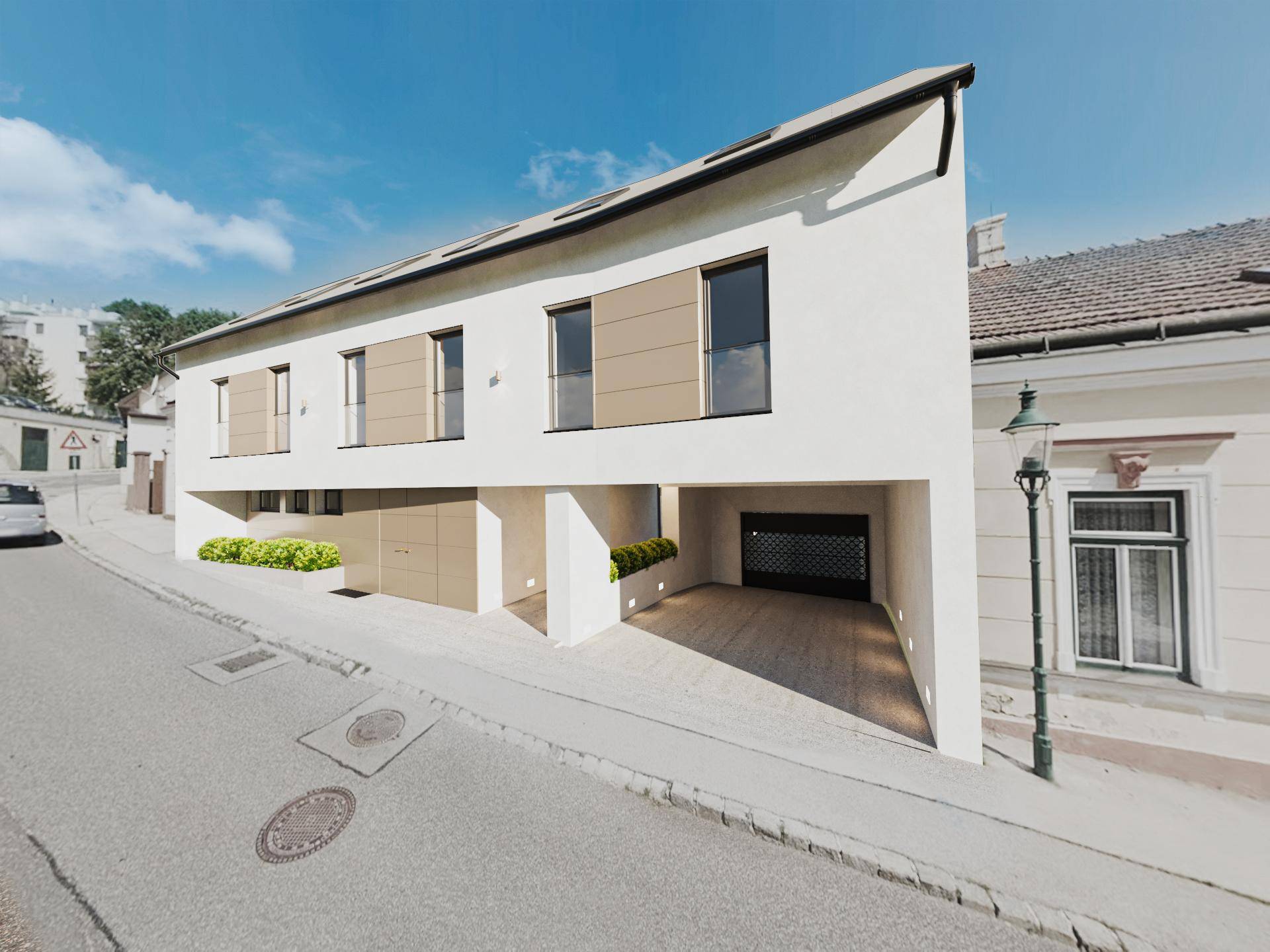 Modernes Gebäude an einer Hanglage mit integrierten Garagen und schlichtem Design.