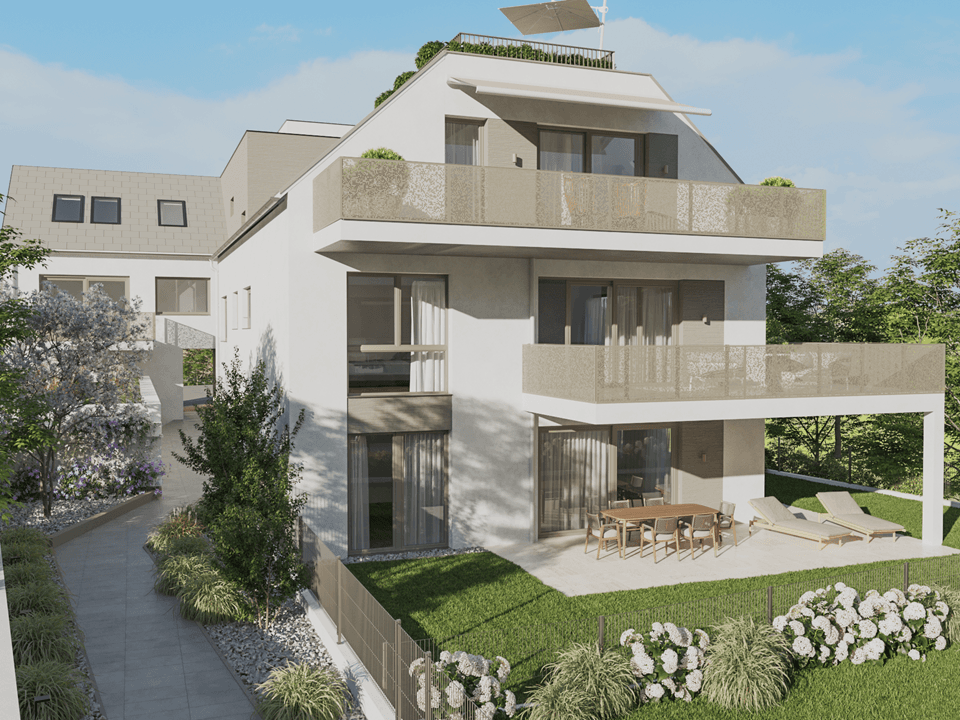 Ansicht einer modernen Wohnanlage mit Terrassen, Balkonen und gepflegtem Garten.