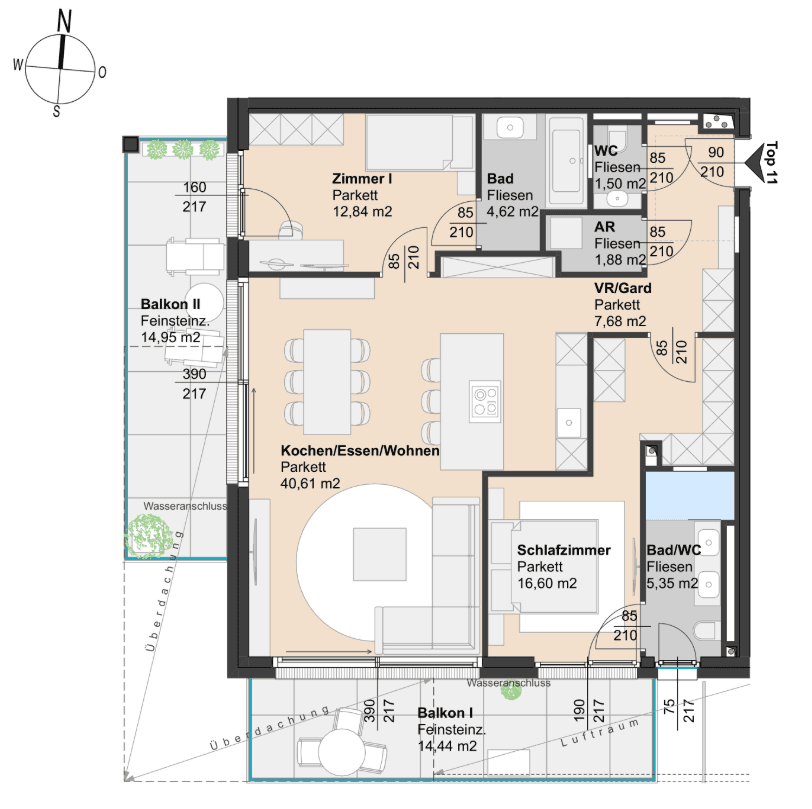 Grundriss einer Wohnung mit offenem Wohnbereich, zwei Schlafzimmern, zwei Bädern und zwei Balkonen.