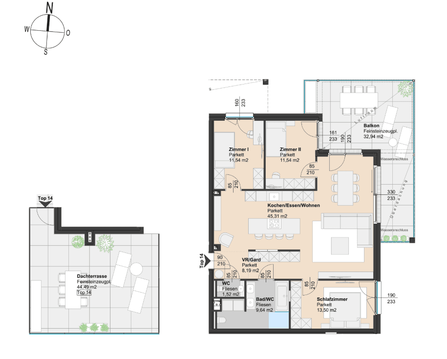 Detaillierter Grundriss einer Wohnung mit offenem Wohnbereich, Balkon und Dachterrasse.