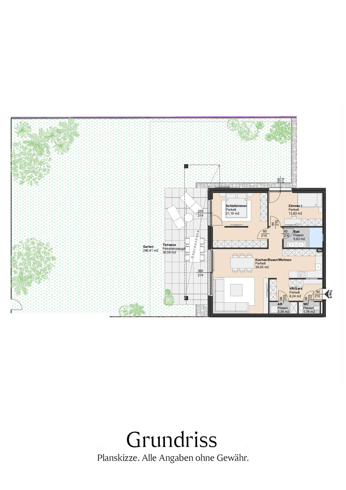 Grundriss einer Wohnung mit Terrasse, Garten und offenem Wohn-Essbereich.