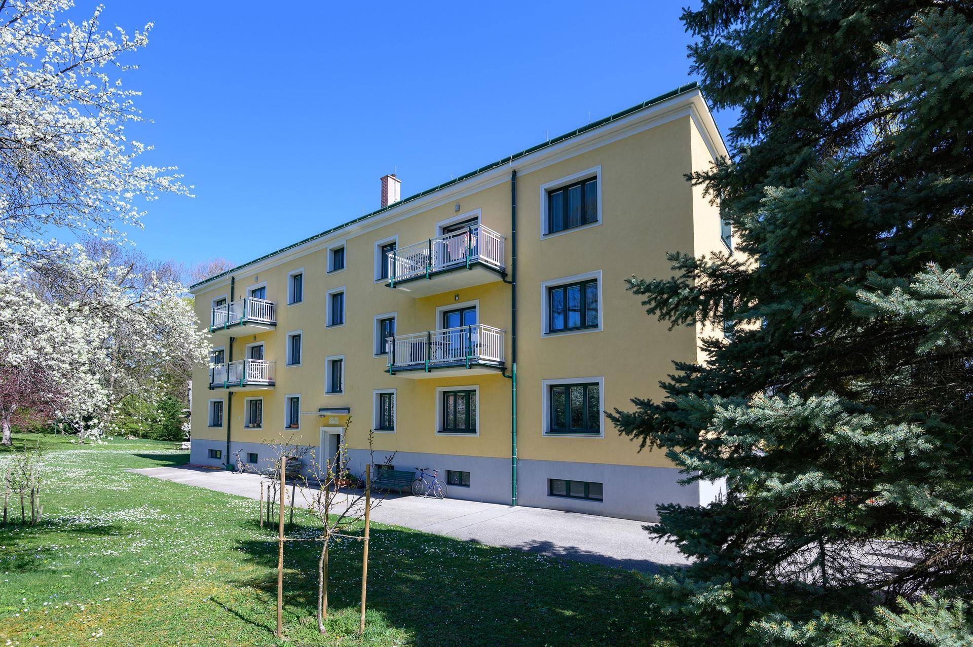 Gelbes Mehrfamilienhaus mit Balkonen, umgeben von blühenden Bäumen im Frühling.
