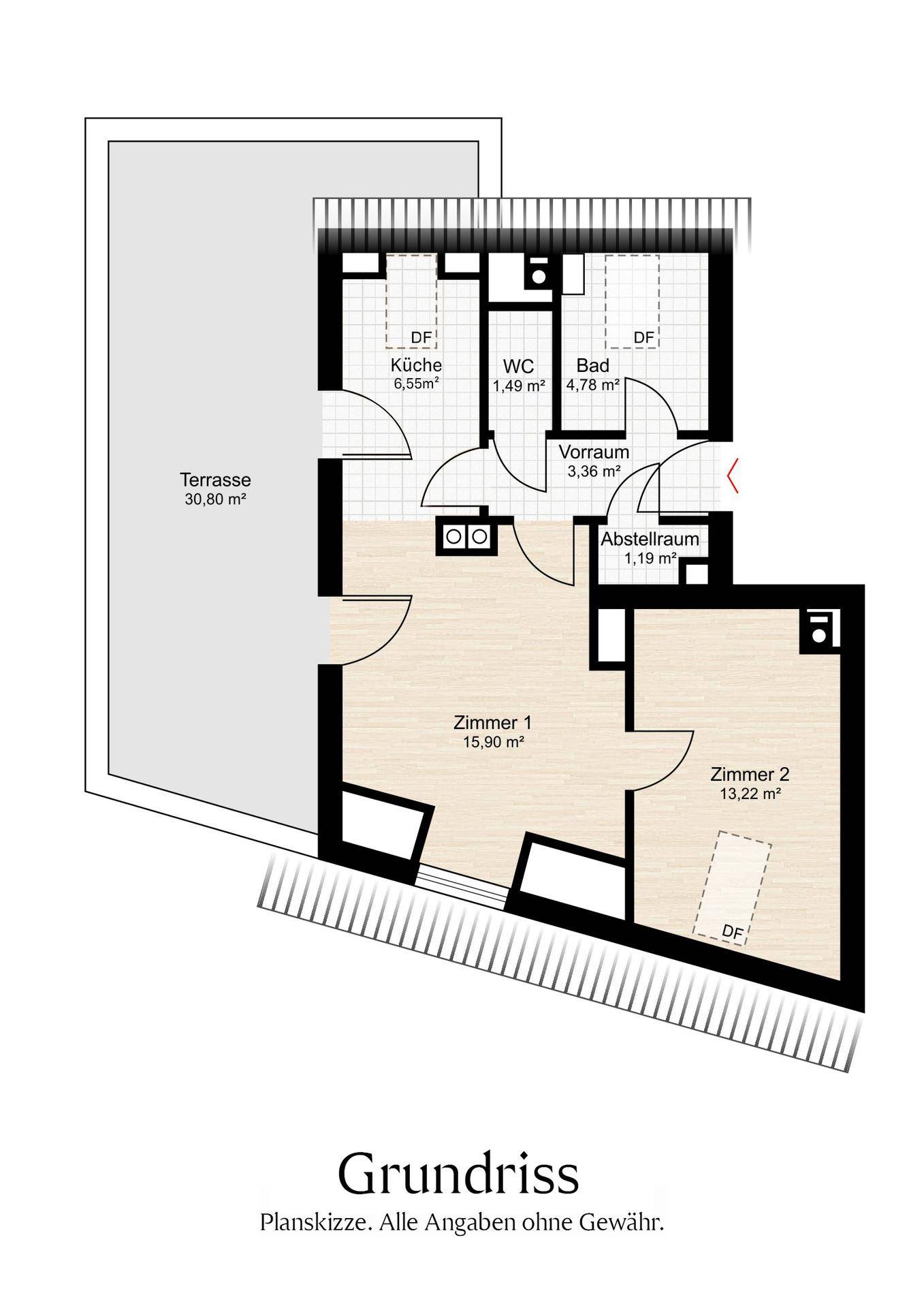 Grundriss der Wohnung mit zwei Zimmern, Küche, Bad, WC und einer großzügigen Terrasse von 30,80 m².