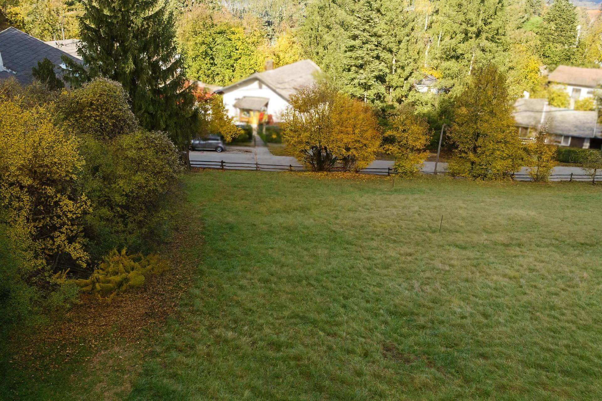 Grüne Wiese mit Herbstbäumen, Häusern und einer Straße im Hintergrund aus erhöhter Perspektive.