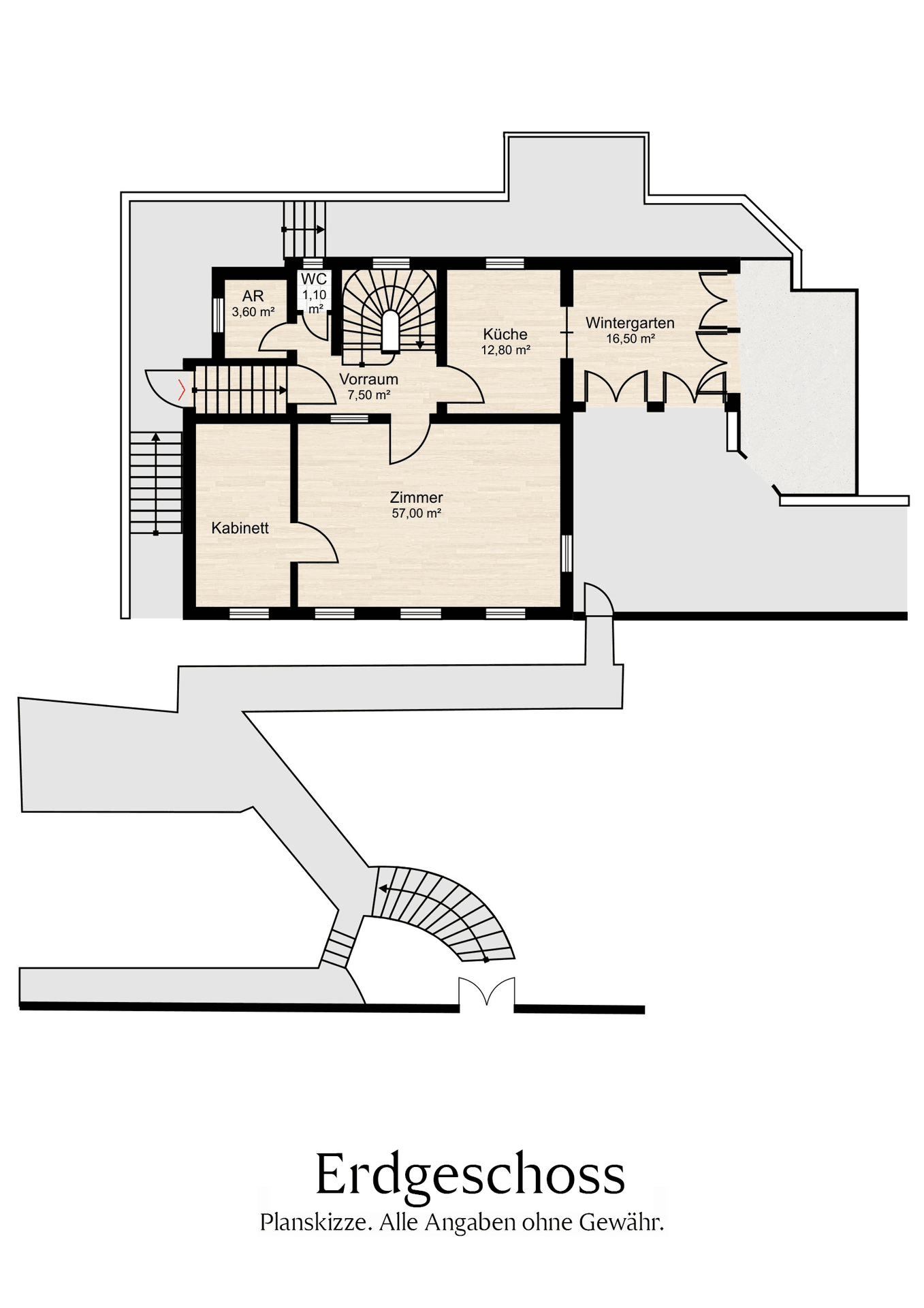 Grundriss des Erdgeschosses mit Küche, Wintergarten und Zimmern.