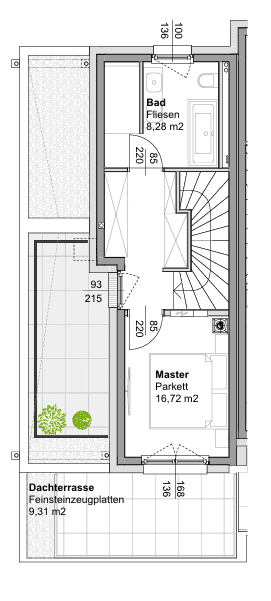 Grundriss des Dachgeschosses mit Hauptschlafzimmer, Bad und privater Dachterrasse.