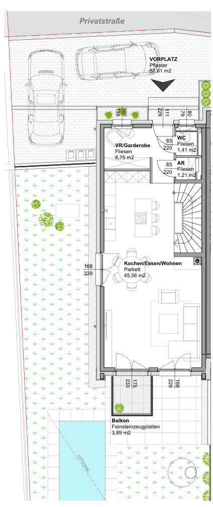Grundriss des Erdgeschosses mit offenem Wohn-Essbereich, Küche, Balkon und Parkplatz.