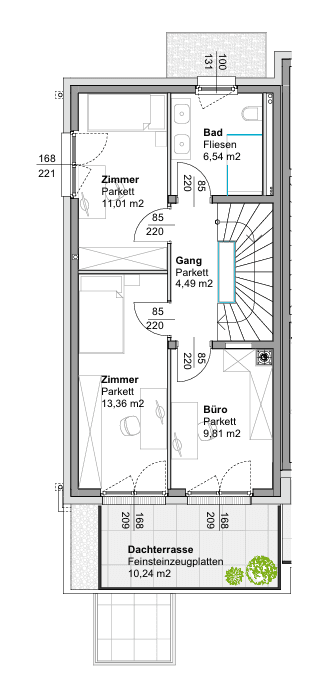 Grundriss eines Obergeschosses mit zwei Schlafzimmern, Büro, Bad und Dachterrasse.