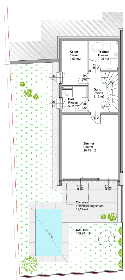 Grundriss des Kellergeschosses mit Zimmer, Bad, Terrasse und Garten mit optionalem Pool.