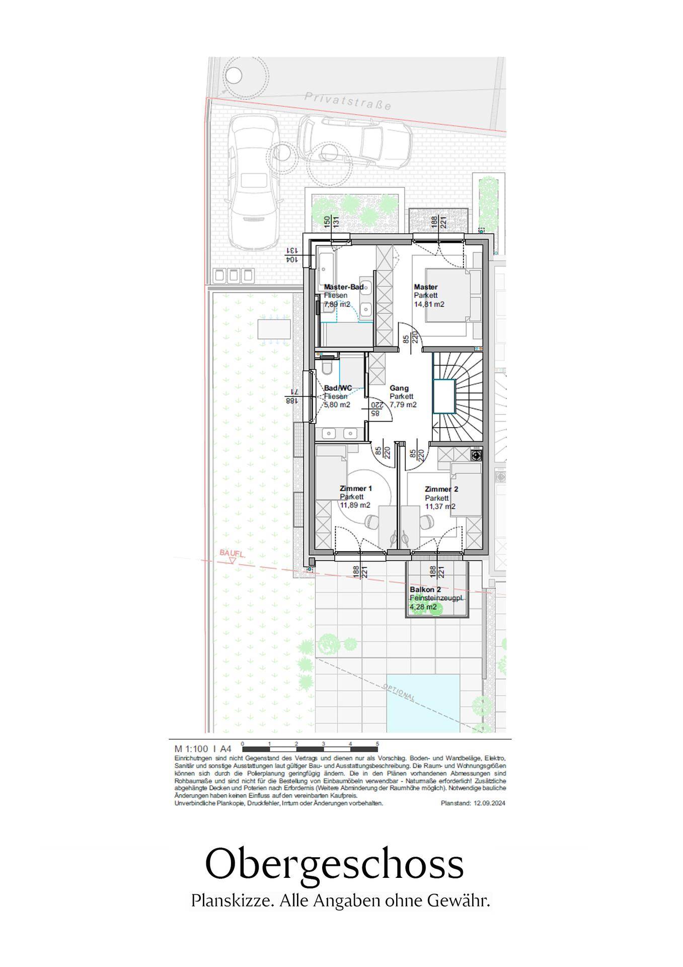 Grundriss des Obergeschosses mit Master-Bad, zwei Zimmern und Balkon.