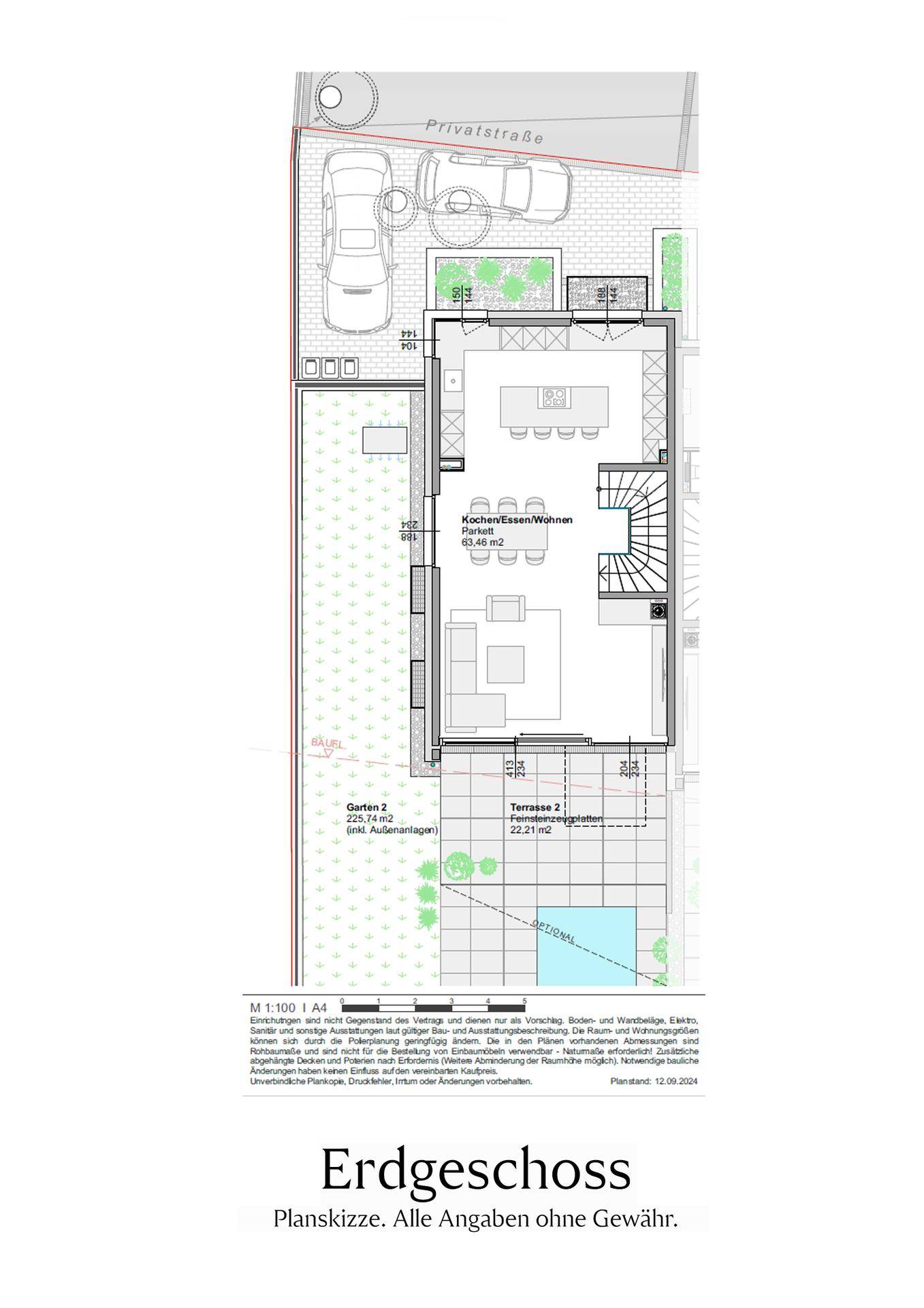 Grundriss des Erdgeschosses mit offenem Wohnbereich, Terrasse und Garten.