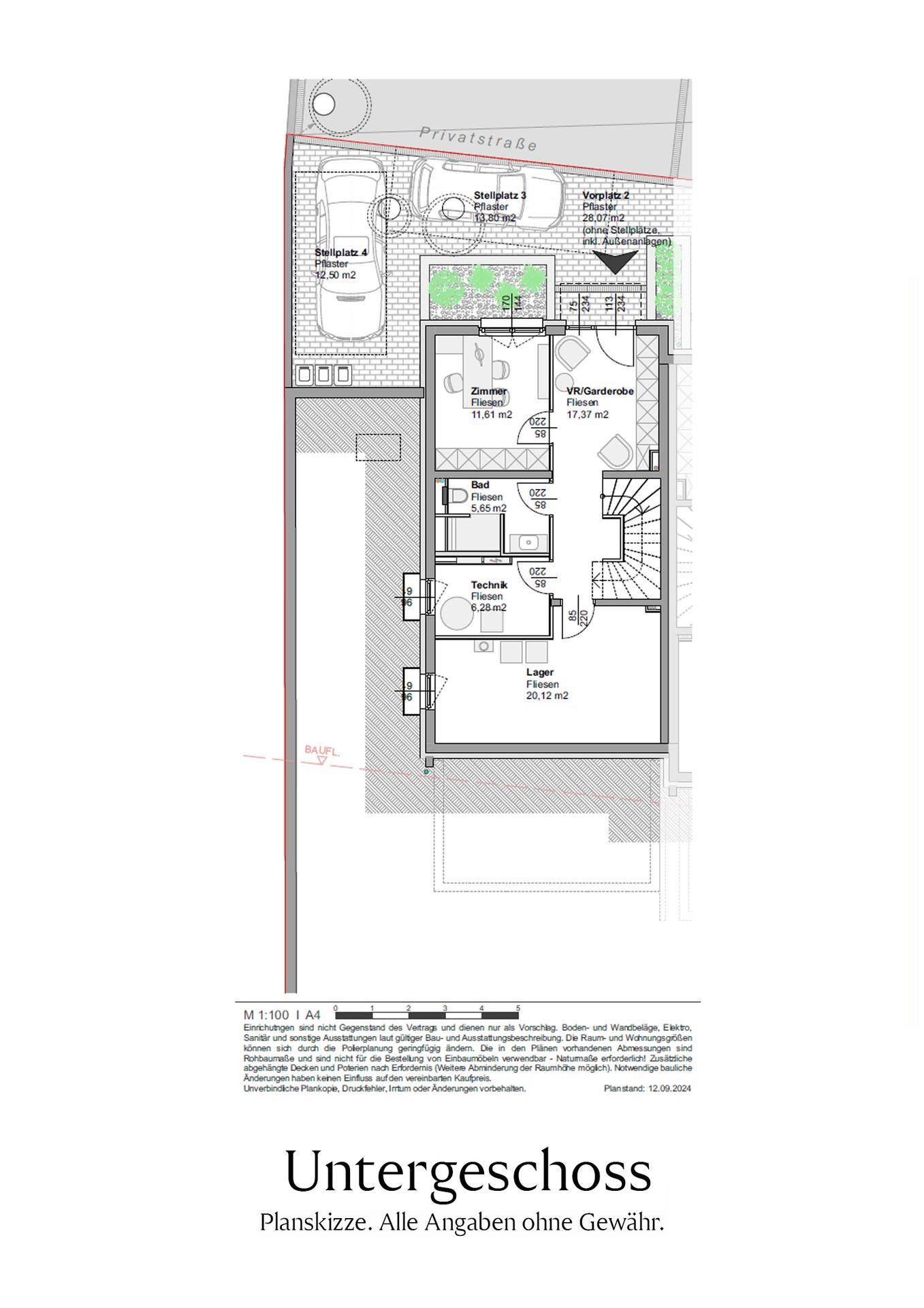 Grundriss des Untergeschosses mit Zimmer, Bad, Technikraum und Lagerfläche.