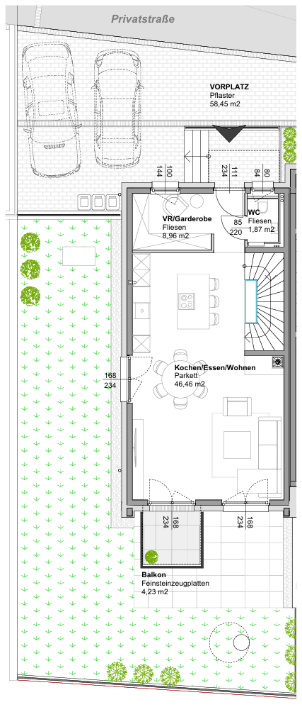 Grundriss des Erdgeschosses mit offenem Wohn-Essbereich, Küche, WC, Balkon und Parkplätzen.