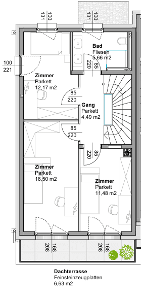 Grundriss des Obergeschosses mit drei Zimmern, Bad, Flur und einer Dachterrasse.