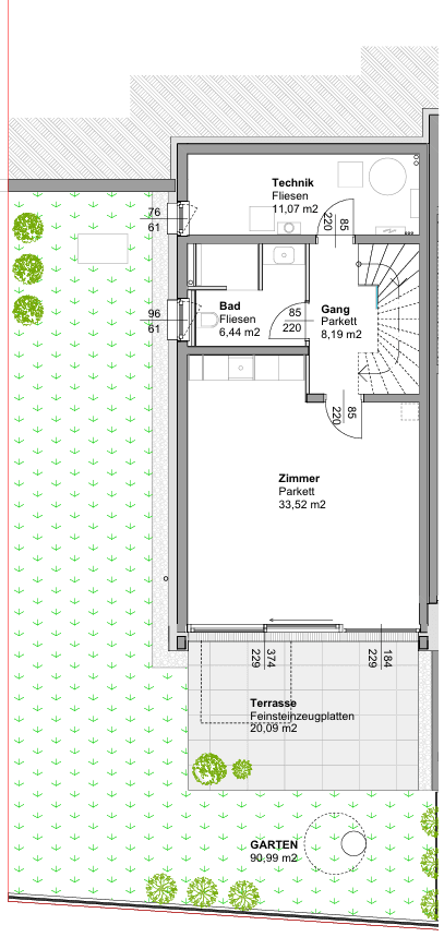 Grundriss des Gartengeschosses mit Zimmer, Bad, Technikraum, Terrasse und großem Garten.