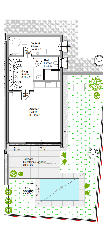 Grundriss des Erdgeschosses mit Zimmer, Bad, Technikraum, Terrasse und Garten mit optionalem Pool.