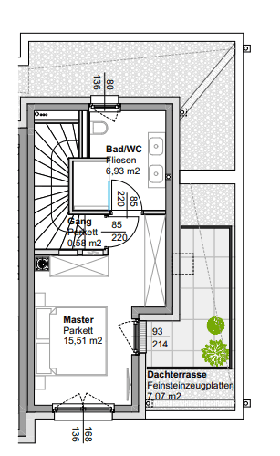 Grundriss des Dachgeschosses mit Master-Schlafzimmer, Bad und einer weiteren Dachterrasse.