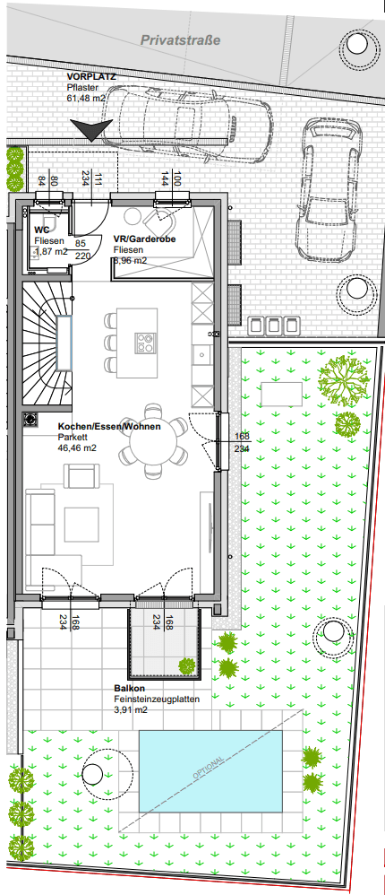 Grundriss des Erdgeschosses mit offenem Wohn-, Ess- und Kochbereich, WC und Balkon.