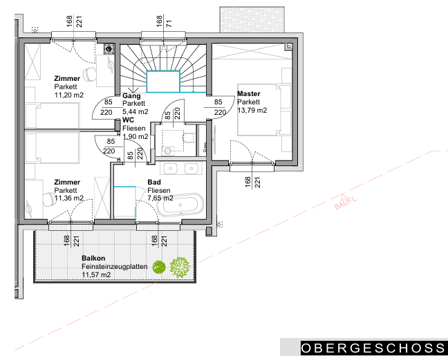 Grundriss des Obergeschosses mit drei Schlafzimmern, Bad und Balkon.