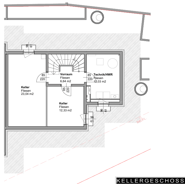 Grundriss des Kellergeschosses mit Abstellräumen und Technikraum.